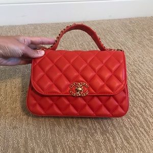 Brand New Coral Red Double C Clasp Lambskin Leather Tote Crossbody Handbag Purse